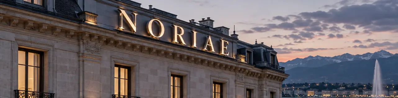 NORIAE rooftop lettering on a lakeside building.
