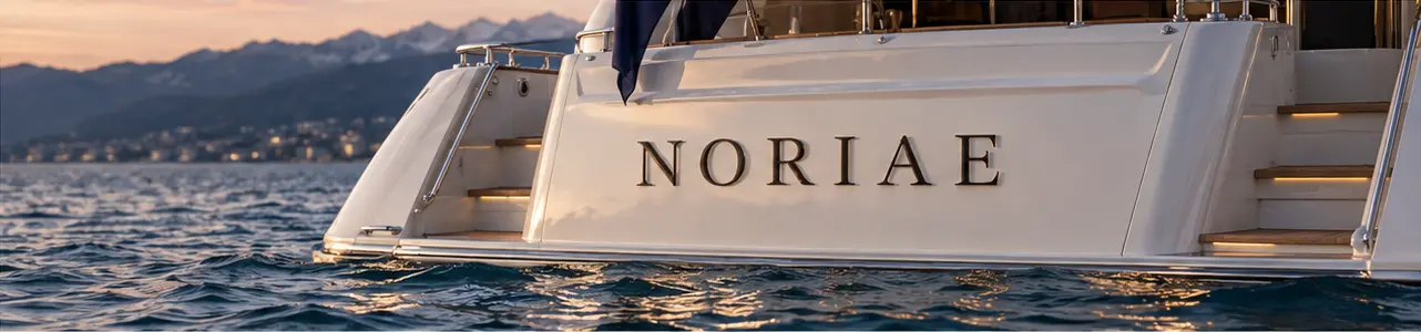 NORIAE lettering on the stern of a yacht.